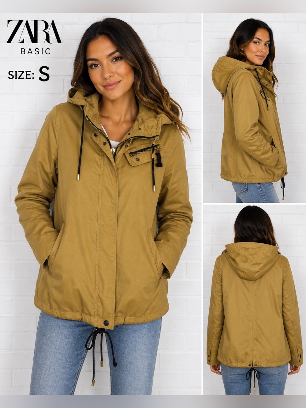 Zara Basic Women’s S Mustard Tan Hooded Utility Parka Jacket gorpcore minimalist